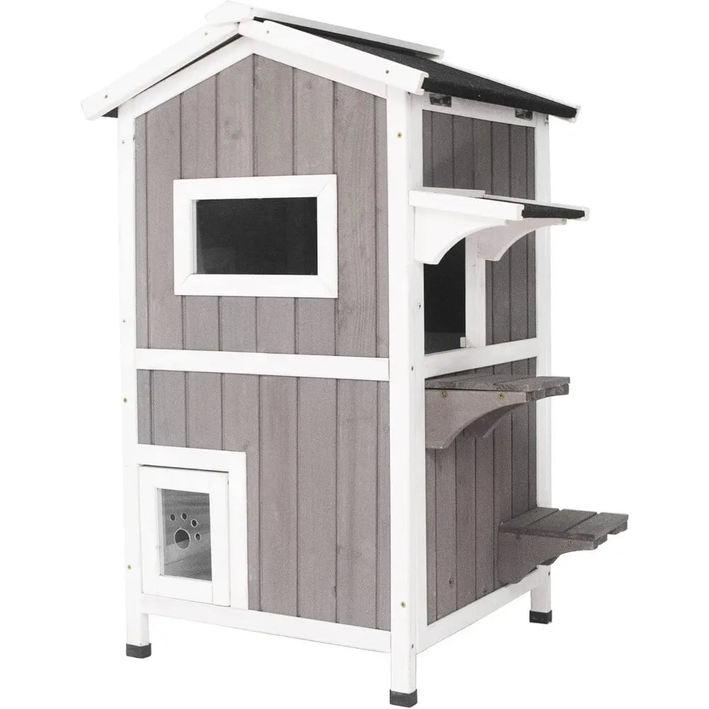 Outdoor Indoor Wooden Cat House With Escape Door Two Story