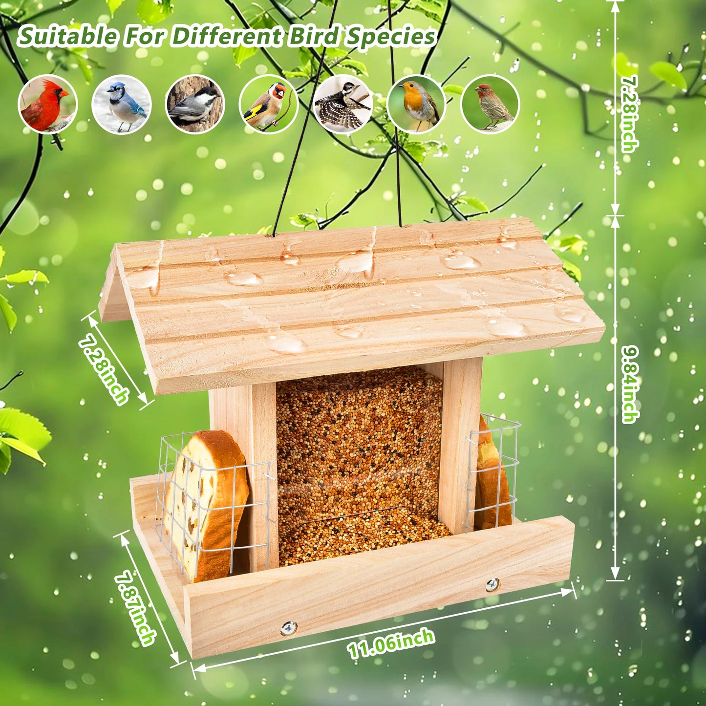 Hign Concerned Wooden Bird Hopper Feeder With Suet Tray
