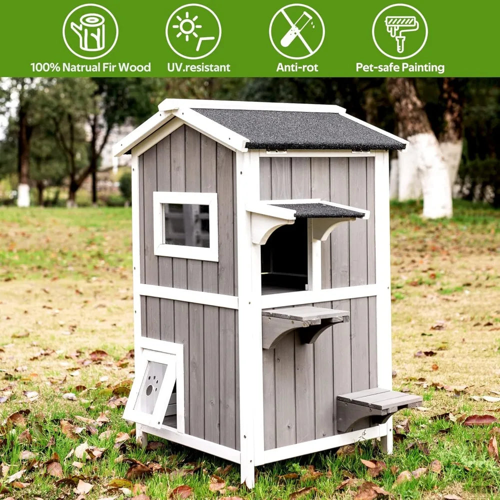 Outdoor Indoor Wooden Cat House With Escape Door Two Story