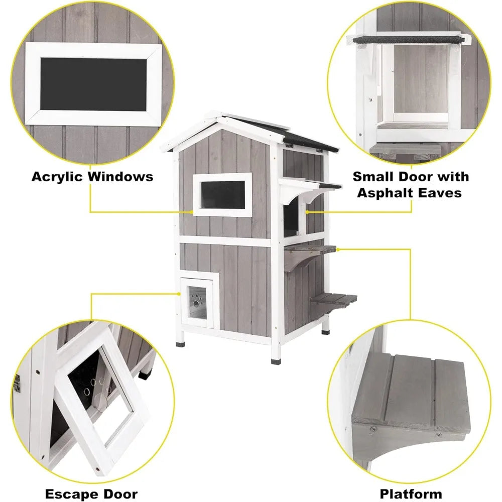 Outdoor Indoor Wooden Cat House With Escape Door Two Story