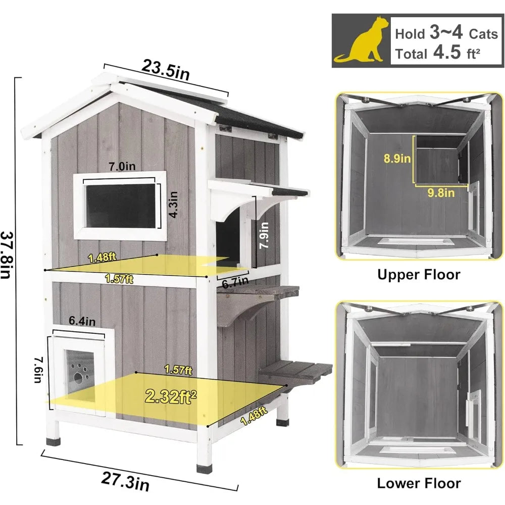 Outdoor Indoor Wooden Cat House With Escape Door Two Story