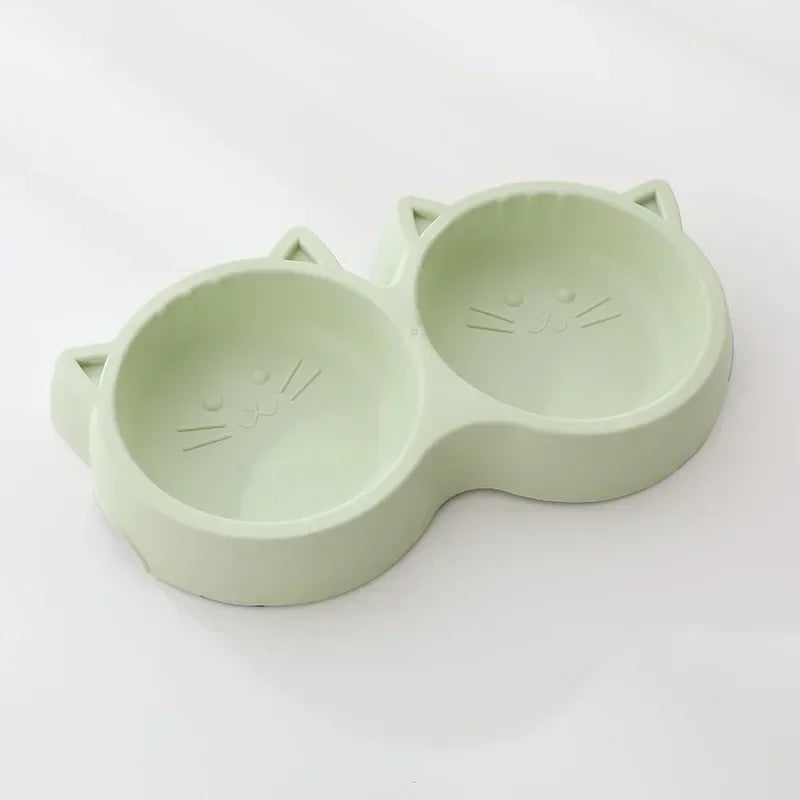 Pet Cat Double Bowl Eco Friendly PP Material Cartoon Cat Face Shape Food Water Feeding Bowl Non Slip Puppy Cat Feeder Supplies