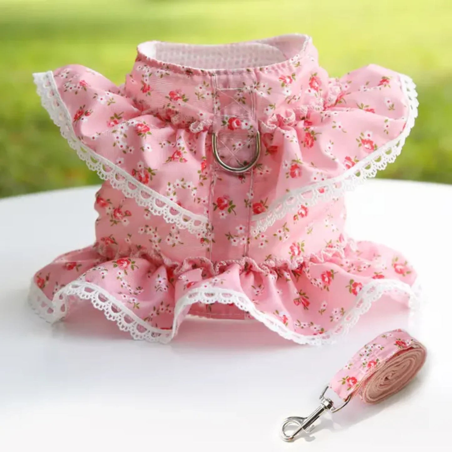 Adjustable Lace Floral Printed Dog Cat Harness Vest Set