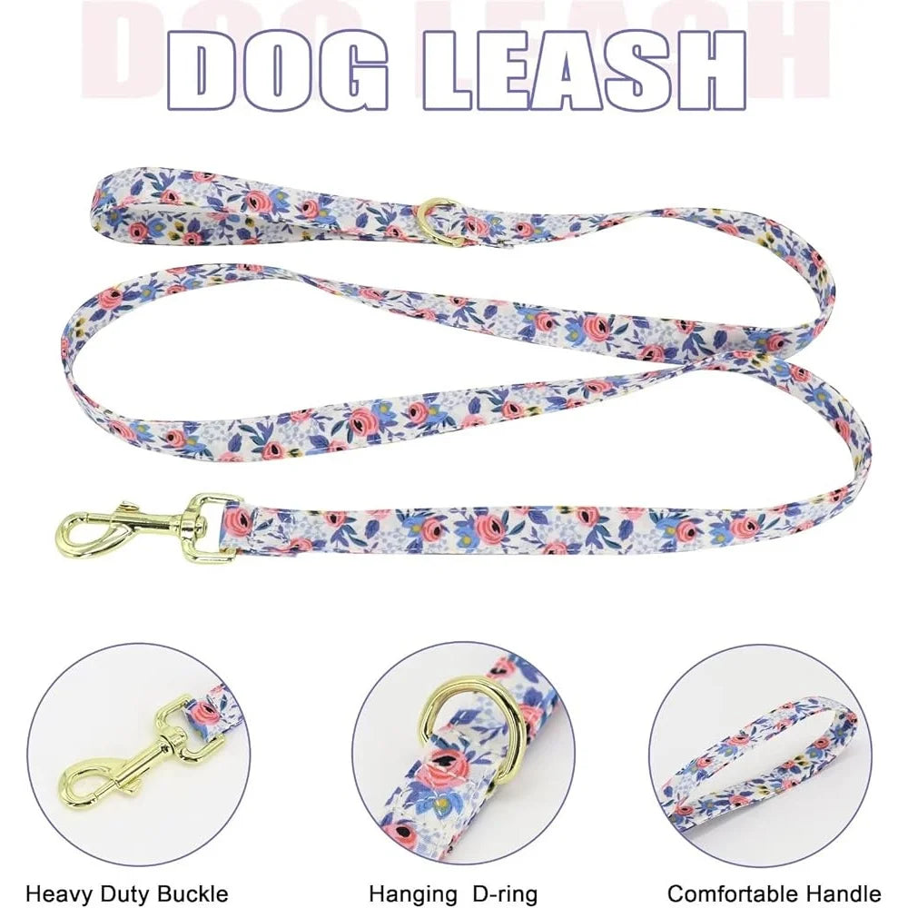Floral Adjustable Dog Harness Leash Collar Set Mesh Vest
