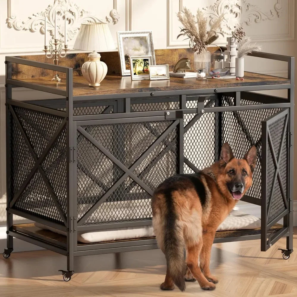 NoEnName_Null Large Dog Crate Wooden Kennel with Wheels