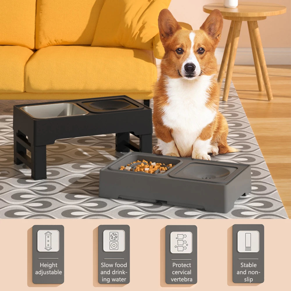 3 In 1 Pet Dog Stainless Steel Slow Feed Drinking Water Bowls Adjustable Height Anti Knock Large Cat Dog Bowl