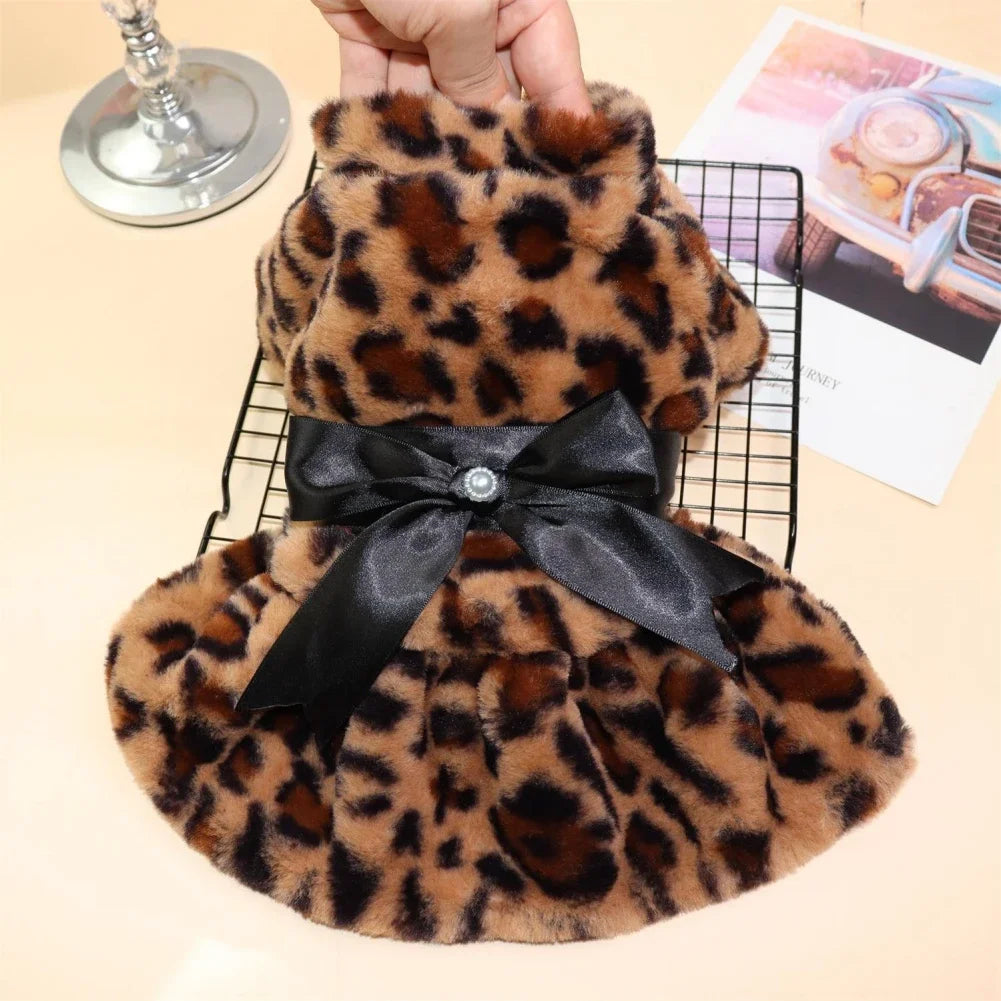 Winter Dog Dress Fleece Skirt Leopard Print Bow Warm