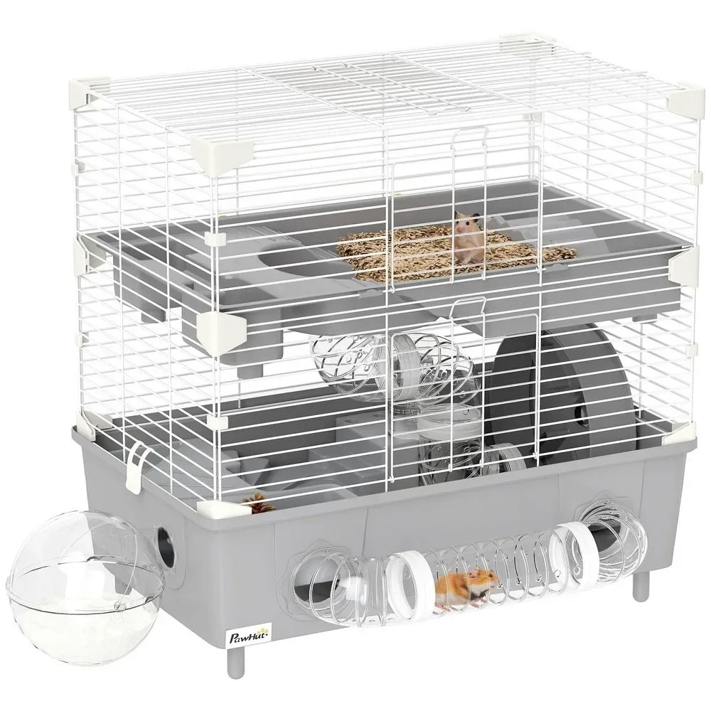Two Tier Hamster Cage Habitat With Accessories Gray