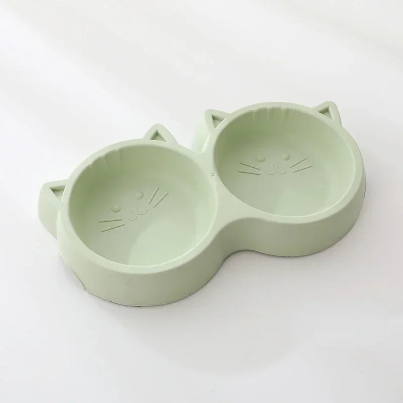 Pet Cat Double Bowl Eco Friendly PP Material Cartoon Cat Face Shape Food Water Feeding Bowl Non Slip Puppy Cat Feeder Supplies
