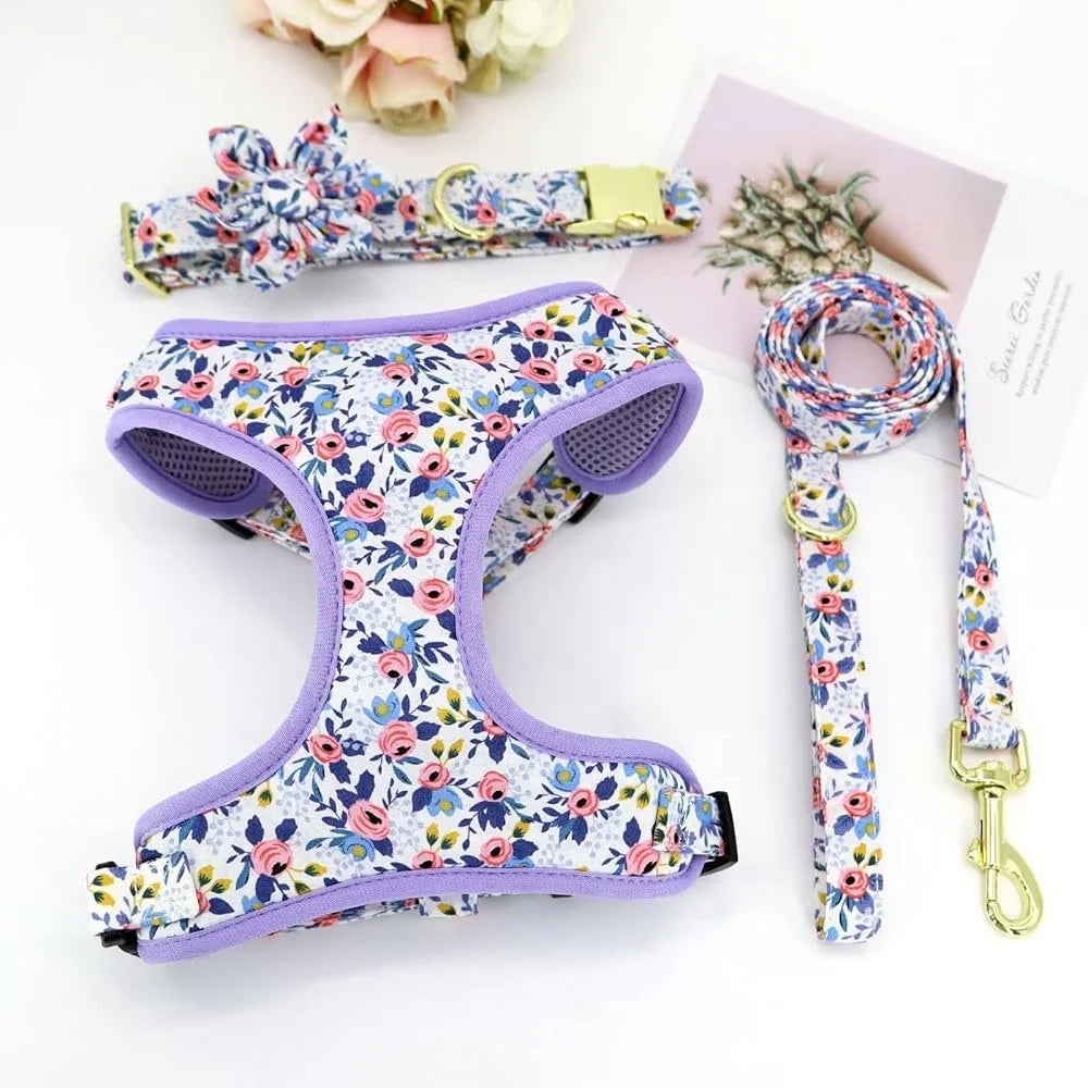 Floral Adjustable Dog Harness Leash Collar Set Mesh Vest