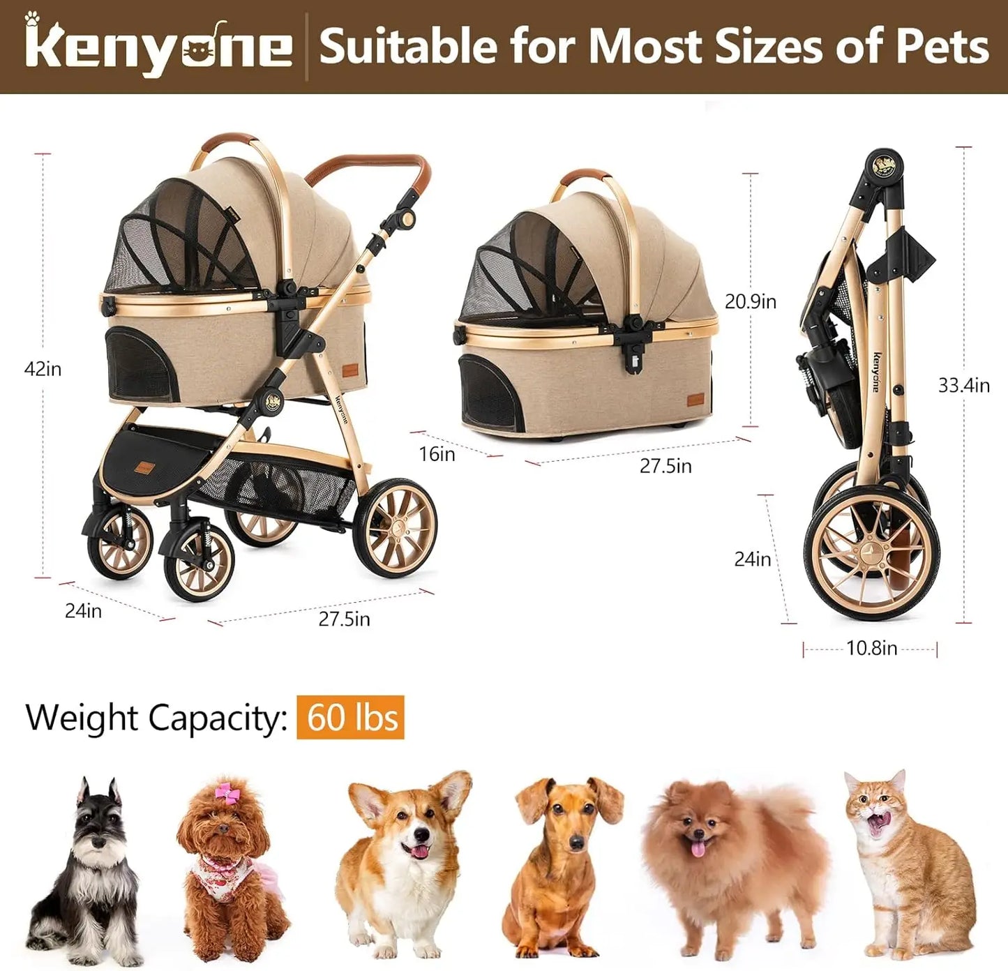 XMSJ Pet Stroller 3 in 1 Luxury Carrier for Dogs Cats