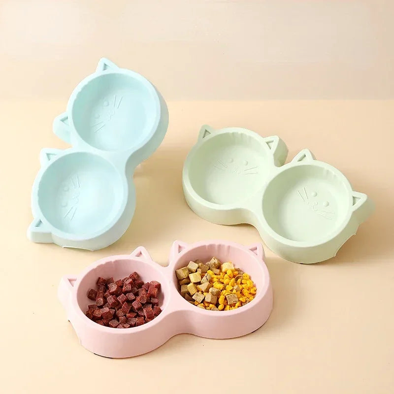 Pet Cat Double Bowl Eco Friendly PP Material Cartoon Cat Face Shape Food Water Feeding Bowl Non Slip Puppy Cat Feeder Supplies