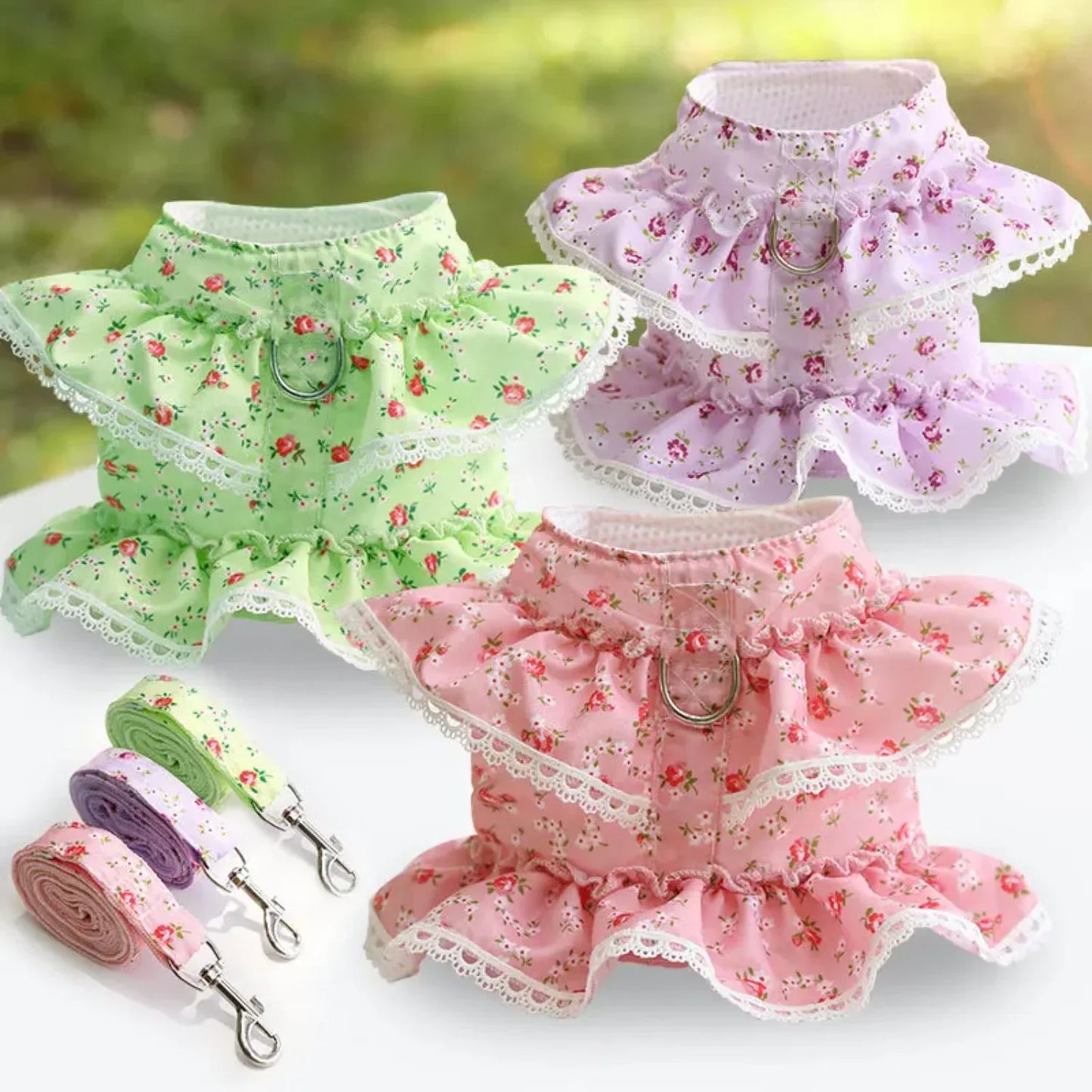 Adjustable Lace Floral Printed Dog Harness Leash Set