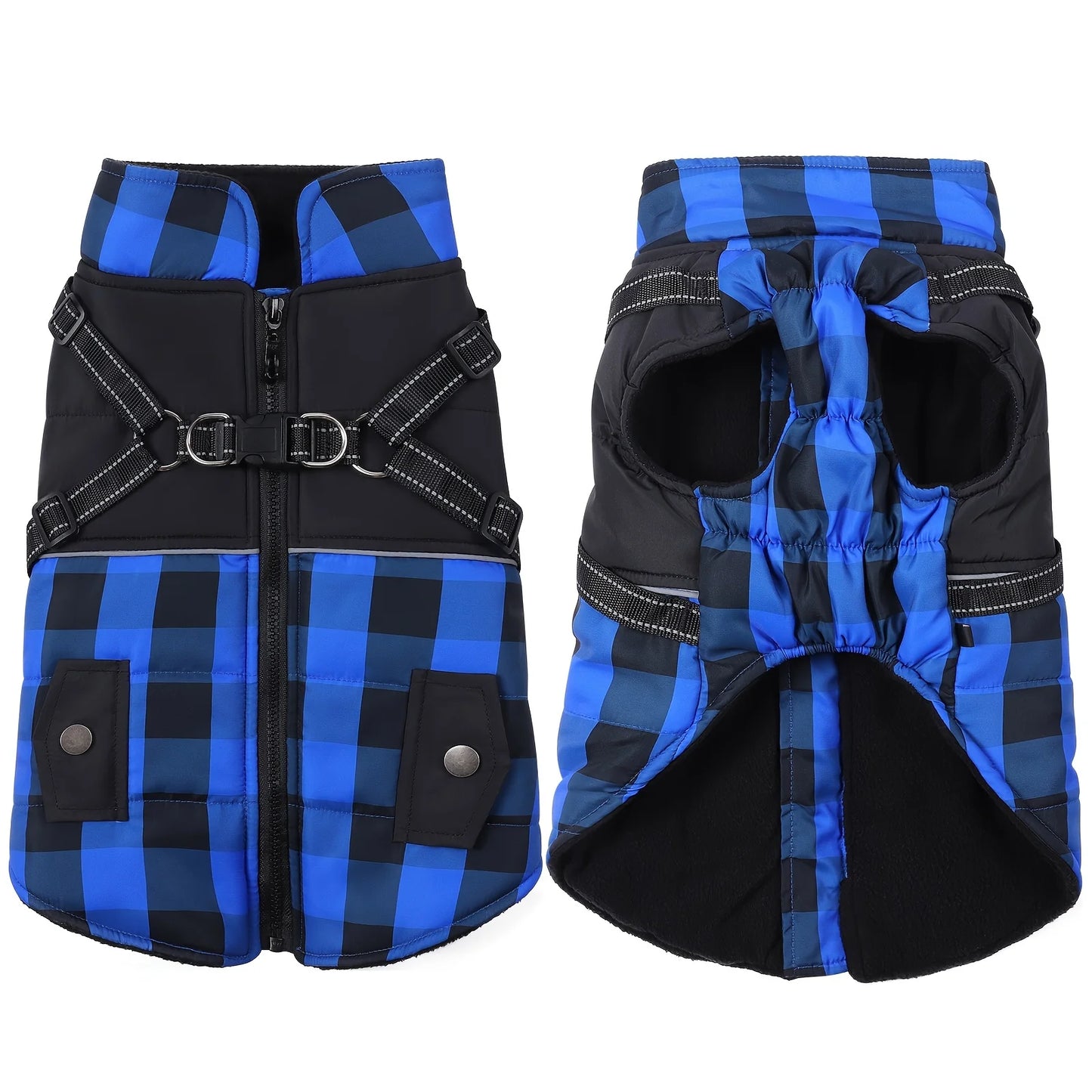 Hign-concerned Plaid Padded Dog Jacket With Harness For Winter