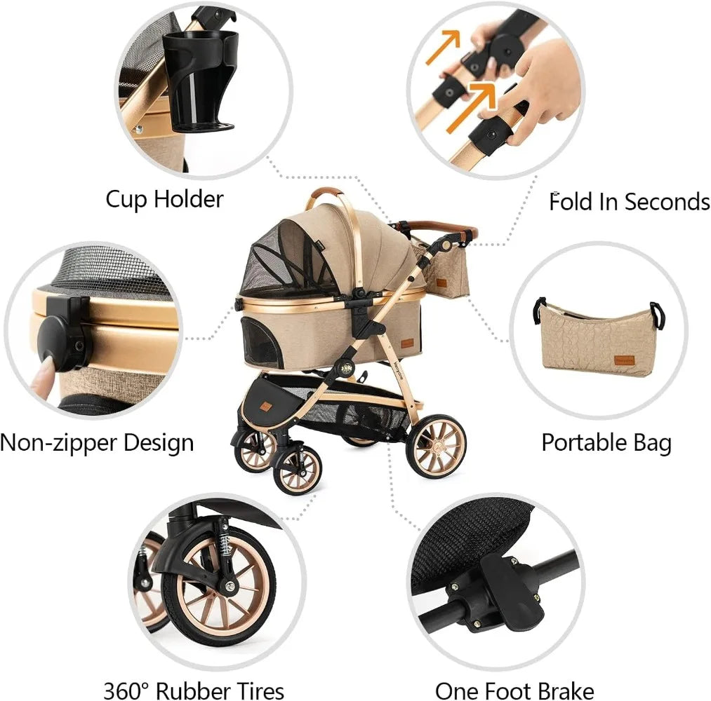 Pet Stroller 3 In 1 For Medium Small Dogs And Cats Khaki