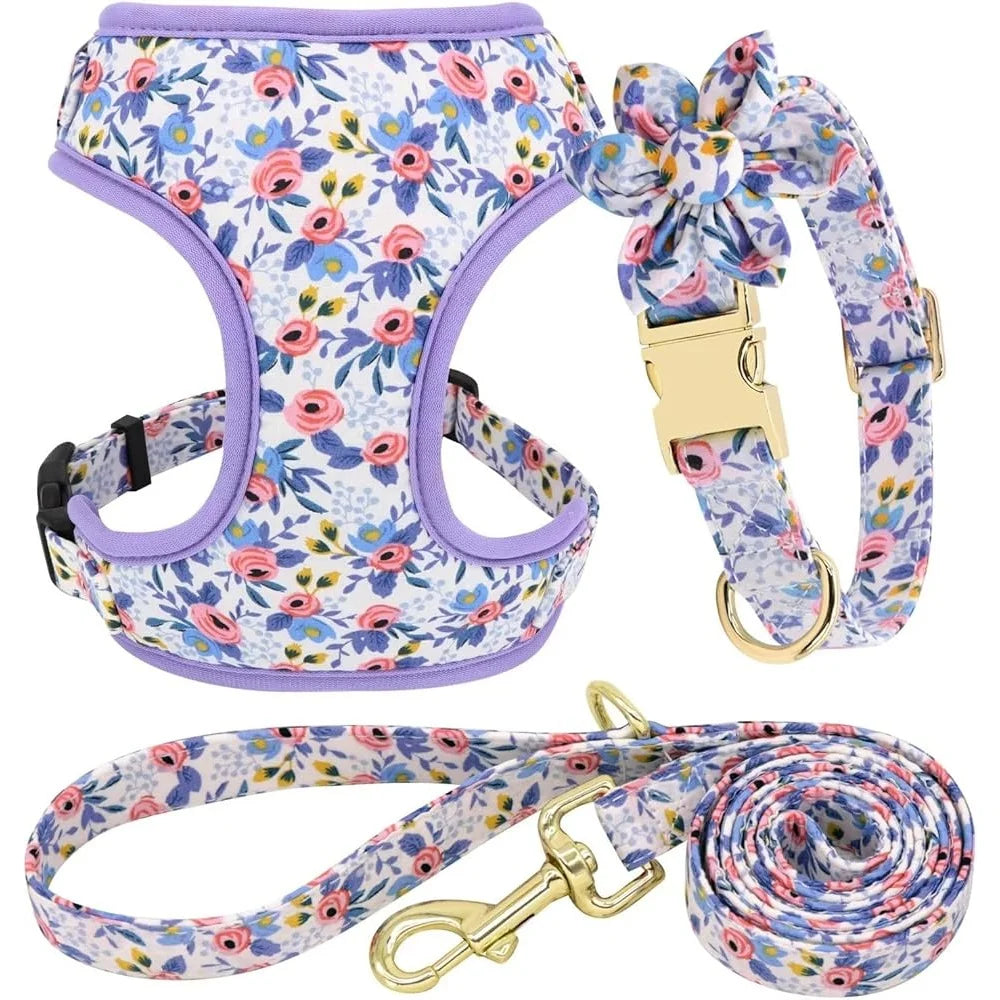 Floral Adjustable Dog Harness Leash Collar Set Mesh Vest