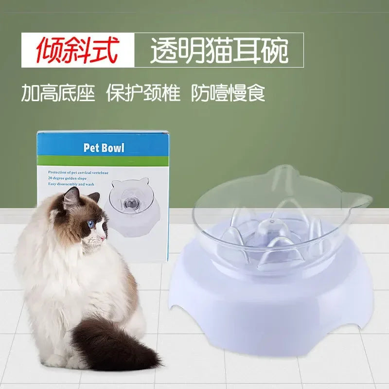 15 Degree Tilt Cat Bowl Anti Suffocate Slow Feeder Transparent Plastic Cat Food Bowl with Raised Stand