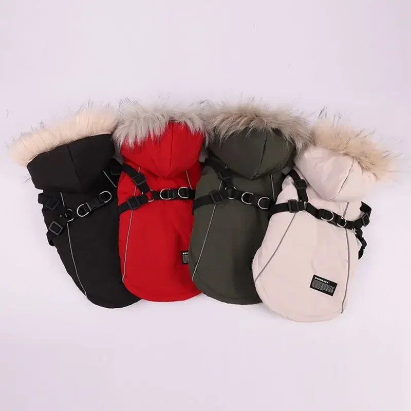 Winter Dog Jacket With Harness Waterproof Hooded Coat