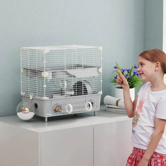 Two Tier Hamster Cage Habitat With Accessories Gray