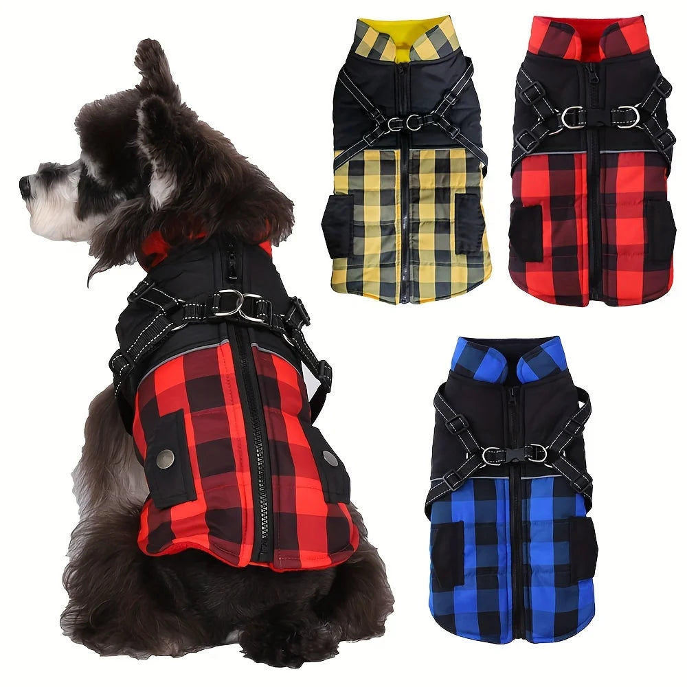 Hign-concerned Plaid Padded Dog Jacket With Harness For Winter