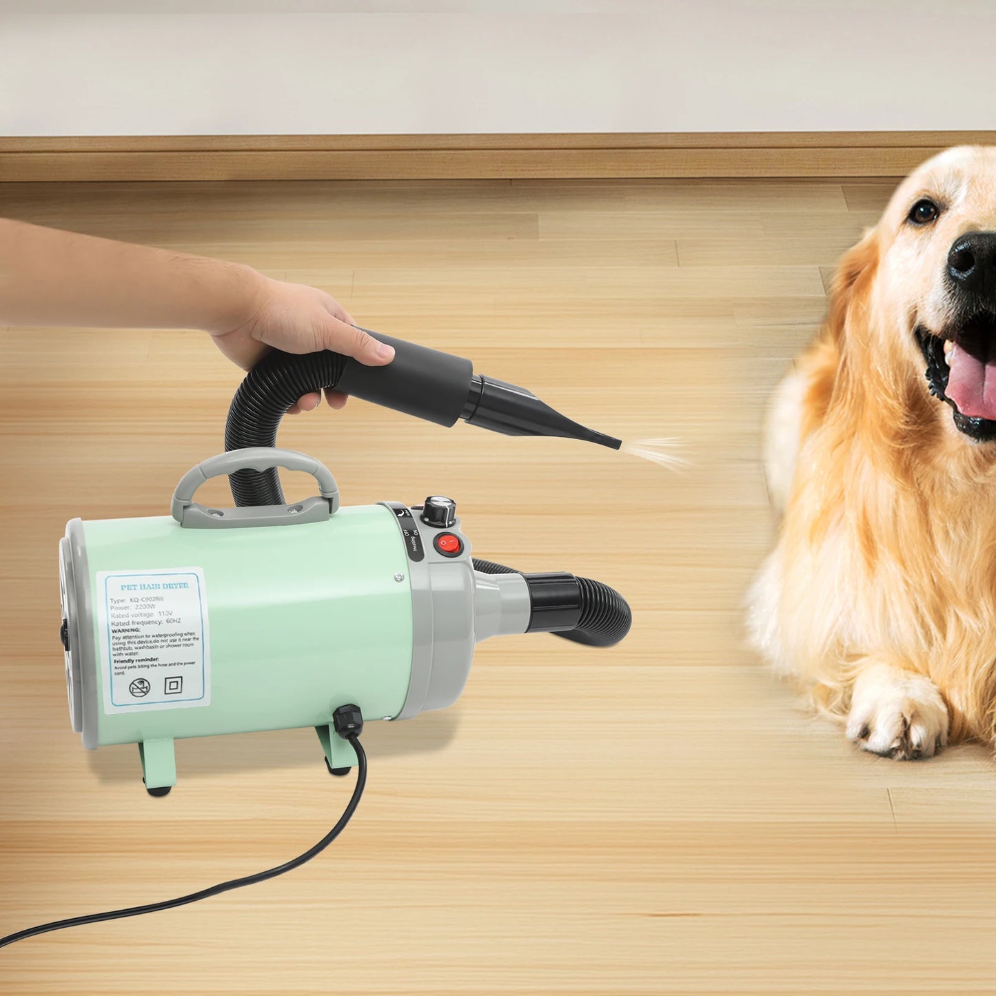 2200W Professional Pet Grooming Dryer with Adjustable Wind Speed and 4 Nozzles Low Noise Design for Dogs and Cats