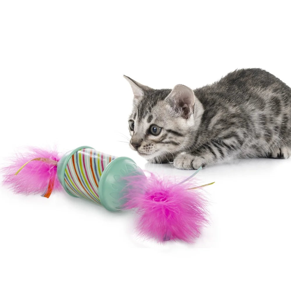 XMSJ Candy Rolling Cat Toy with Feather Ribbon