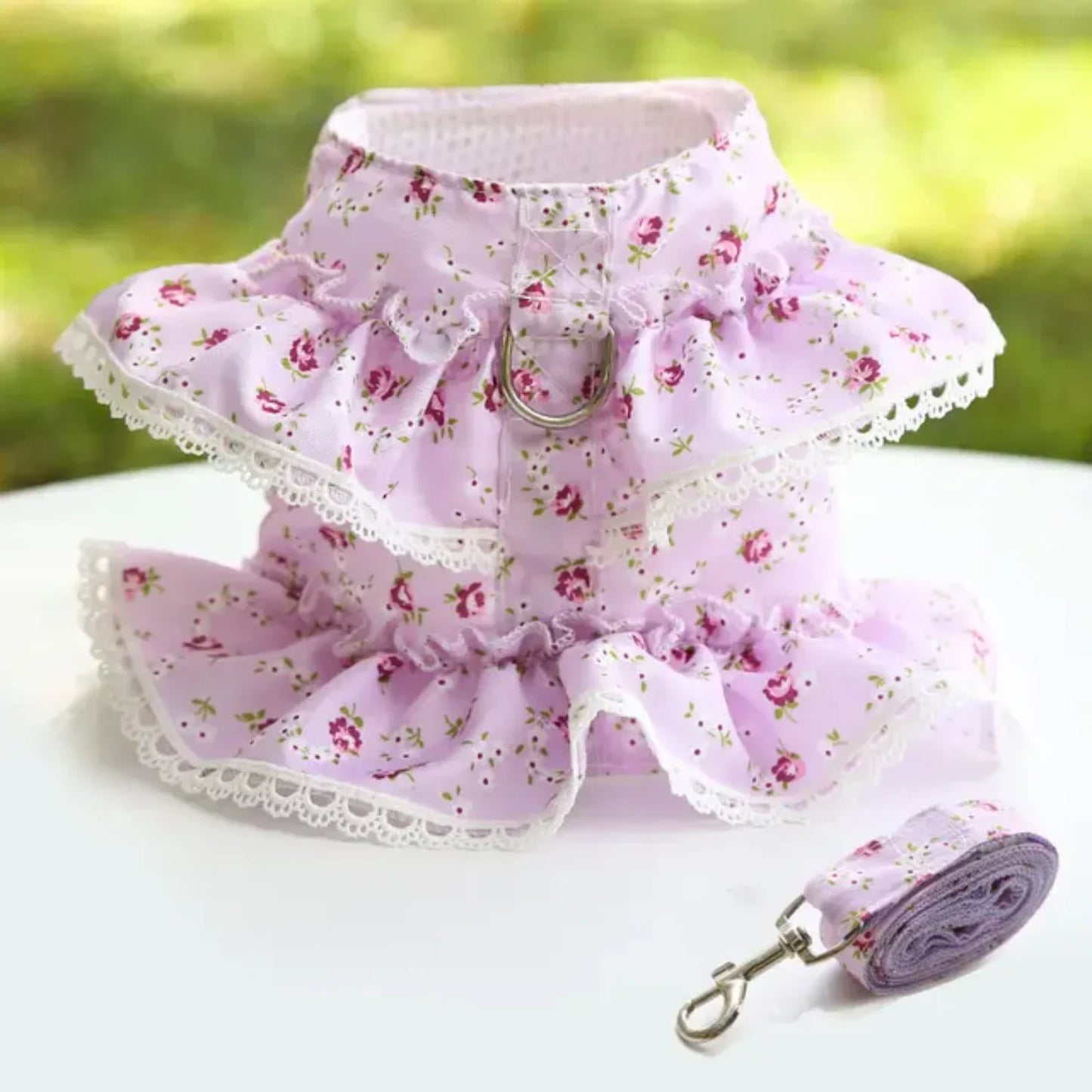 Adjustable Lace Floral Printed Dog Cat Harness Vest Set