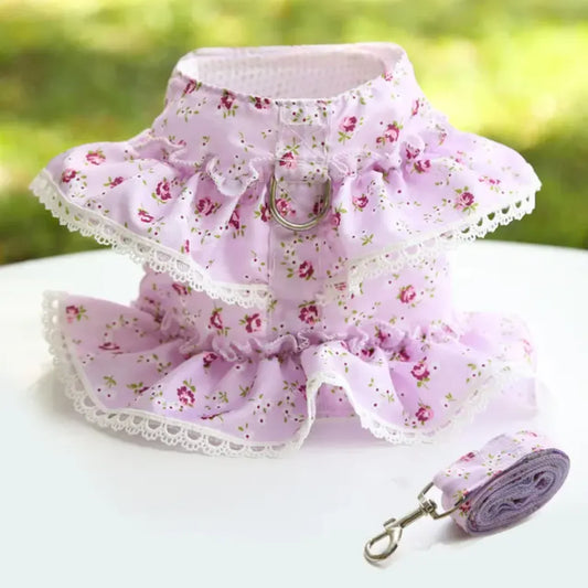 Adjustable Lace Floral Printed Dog Cat Harness Vest Set