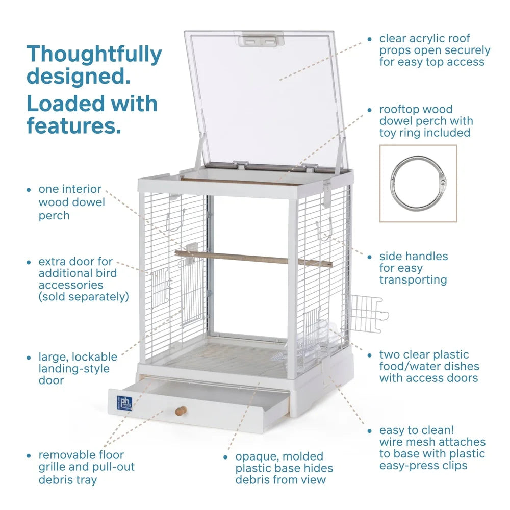 Clear Glass Bird Cage With White Frame Easy Access Perches