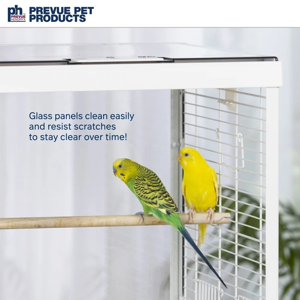 Clear Glass Bird Cage With White Frame Easy Access Perches
