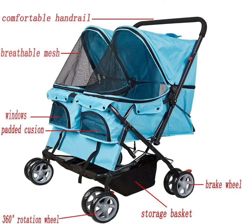 XMSJ Double Pet Stroller Foldable Dog Cat Jogger Cart