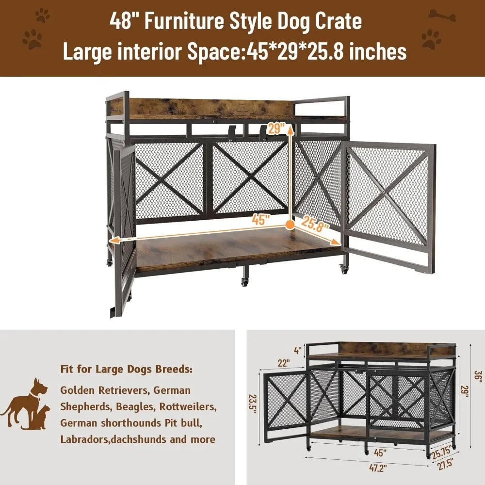 NoEnName_Null Large Dog Crate Wooden Kennel with Wheels