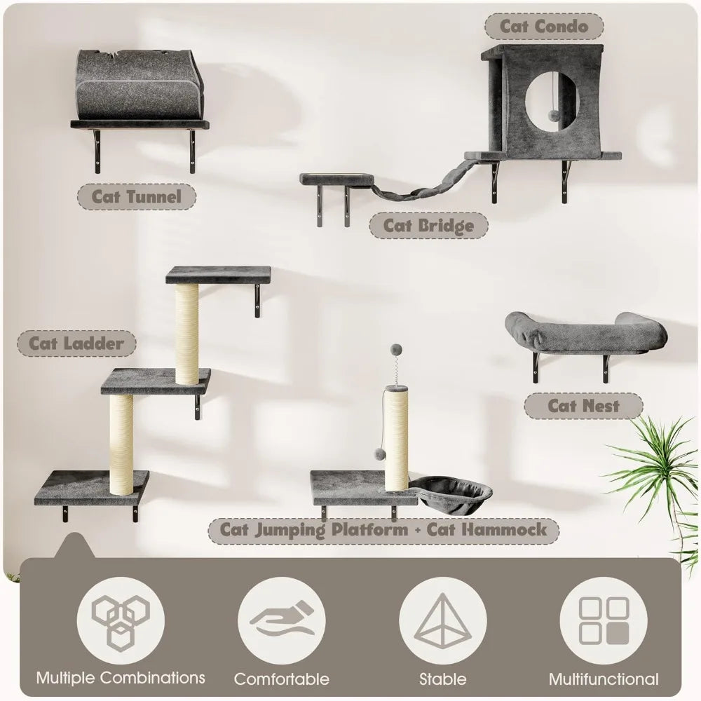 Wall Mounted Cat Climber Set 7 In 1 With House Tree