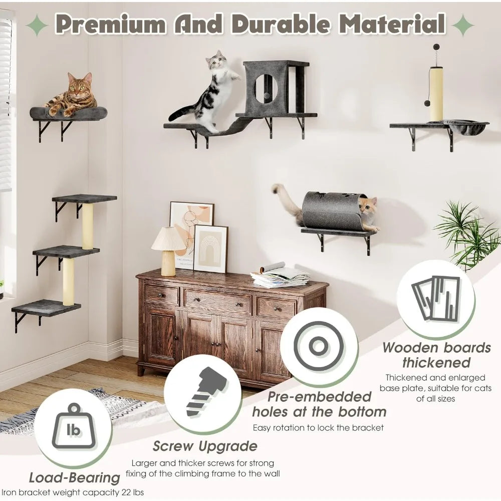 Wall Mounted Cat Climber Set 7 In 1 With House Tree
