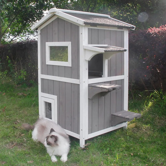 Outdoor Indoor Wooden Cat House With Escape Door Two Story