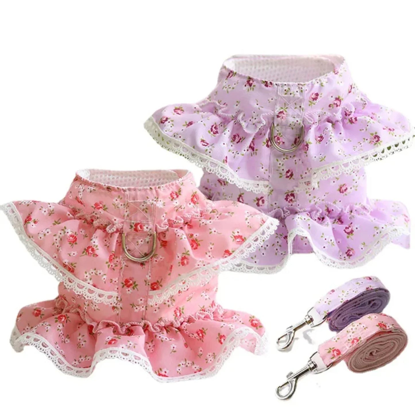 Adjustable Lace Floral Printed Dog Cat Harness Vest Set