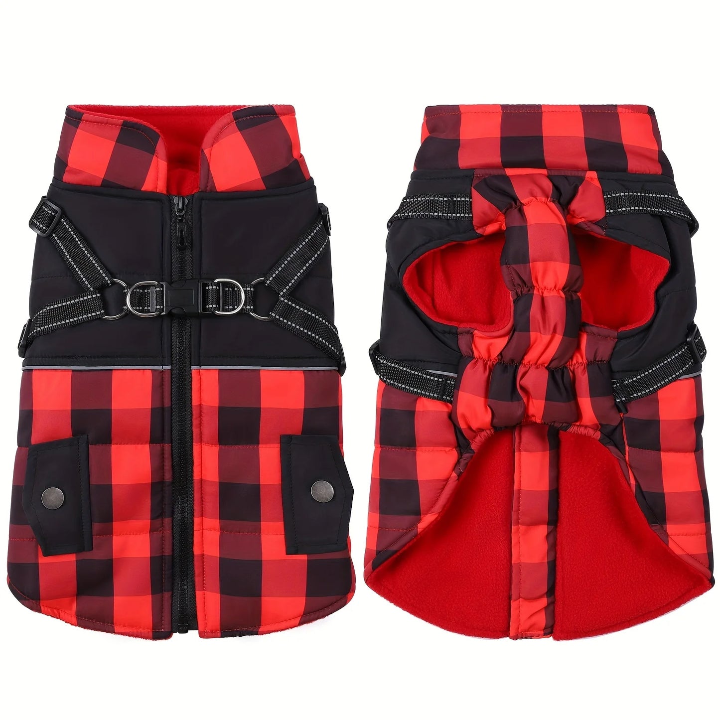 Hign-concerned Plaid Padded Dog Jacket With Harness For Winter