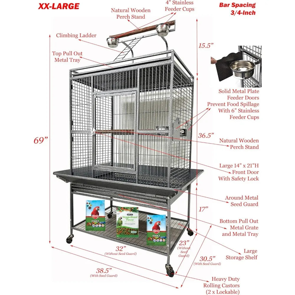 Wrought Iron Parrot Bird Cage With Playtop Ladder Wheels