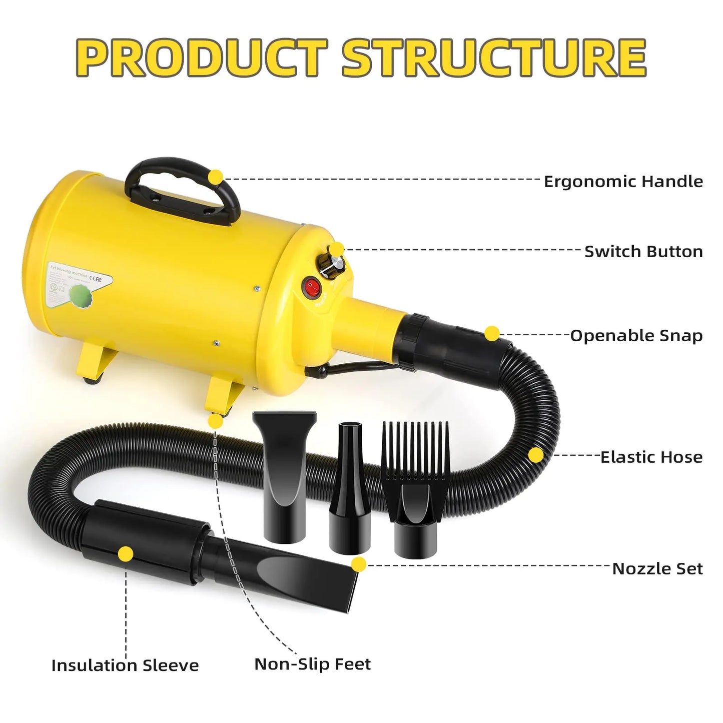 Dog Hair Dryer 3.8HP 2800W Pet Grooming Blower for Large Dogs Adjustable Heat and Speed