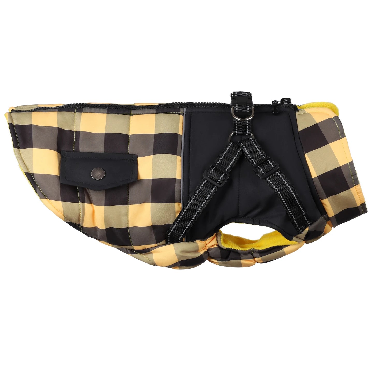 Hign-concerned Plaid Padded Dog Jacket With Harness For Winter