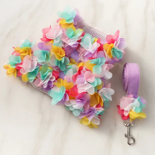 Adjustable Lace Floral Printed Dog Harness Leash Set