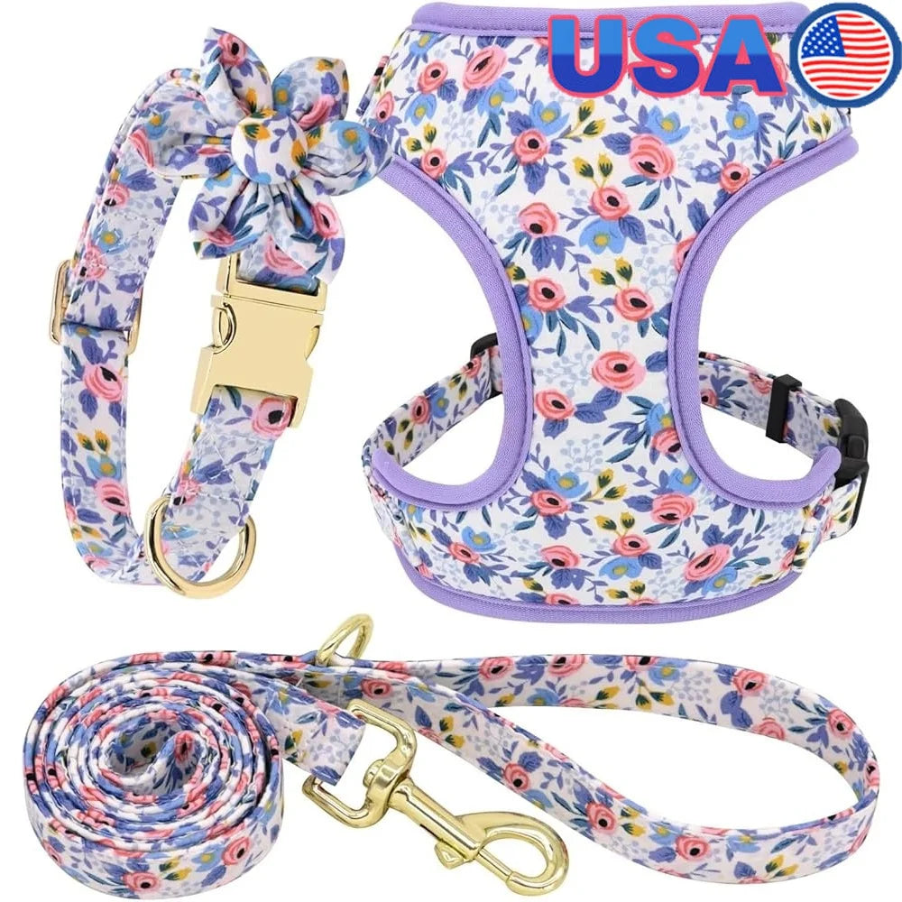 Floral Adjustable Dog Harness Leash Collar Set Mesh Vest