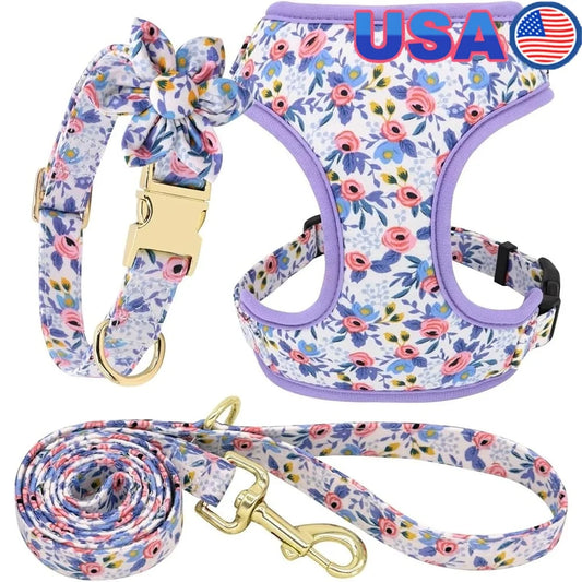Floral Adjustable Dog Harness Leash Collar Set Mesh Vest