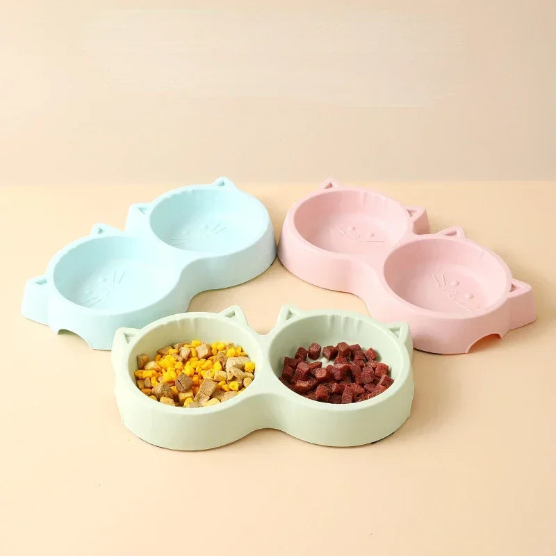 Pet Cat Double Bowl Eco Friendly PP Material Cartoon Cat Face Shape Food Water Feeding Bowl Non Slip Puppy Cat Feeder Supplies